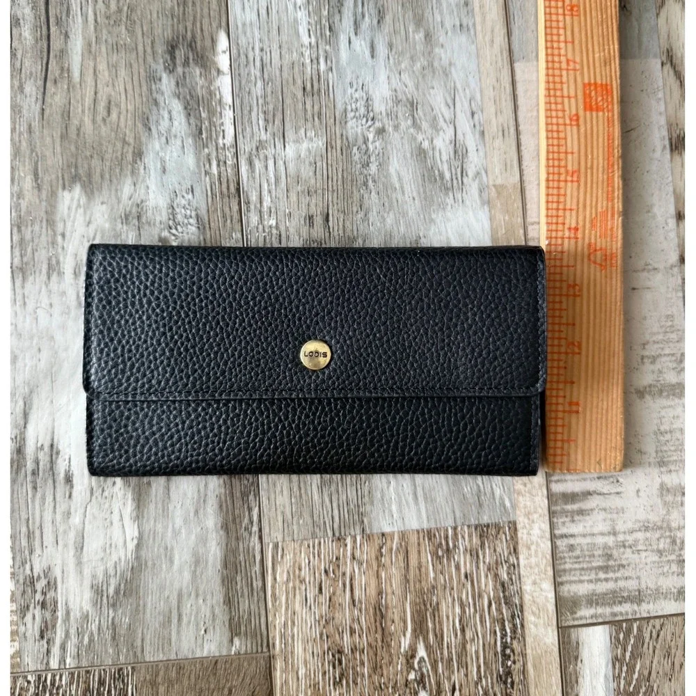 LODIS Womens Minimalist Continental Wallet Genuine Leather OS Black Trifold Gold